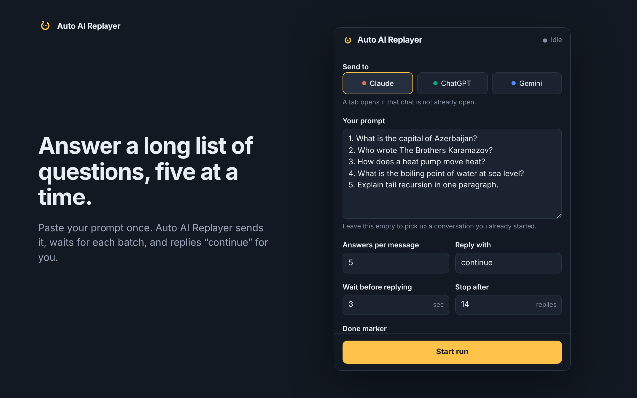 Popup with a long prompt pasted once into a single text box before starting a run.