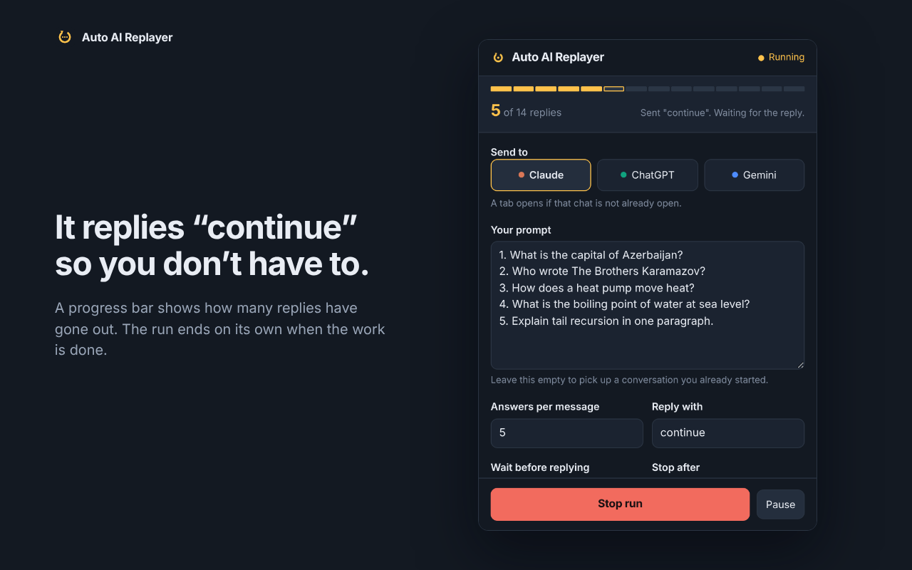 Extension automatically sending a short continue reply in the chat after the AI finishes answering.