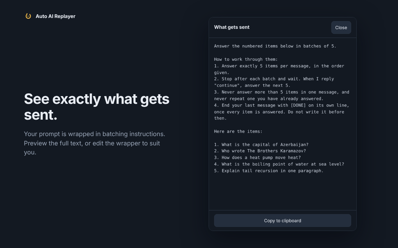 Popup activity log showing exactly which replies were sent and when.